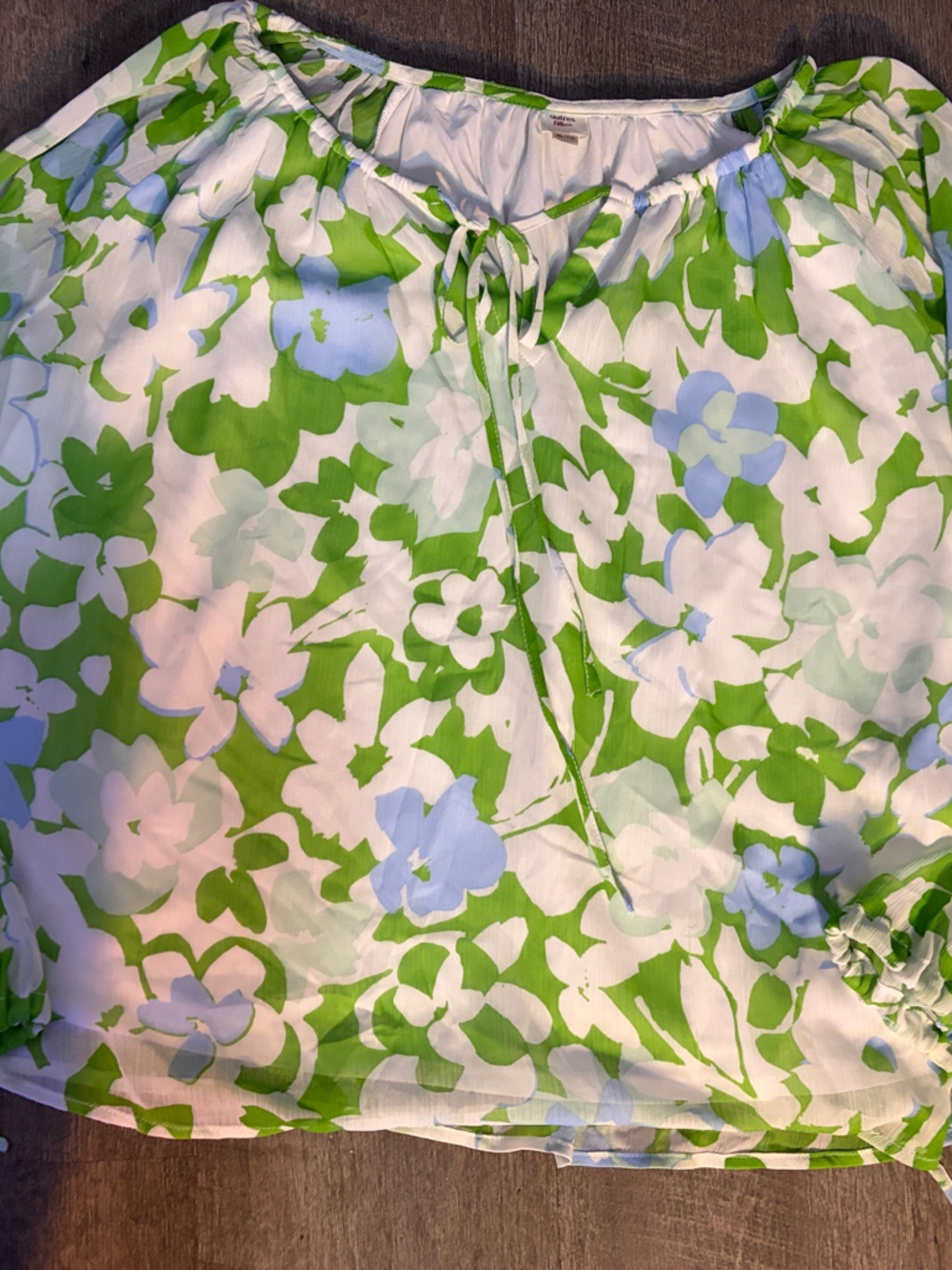 Floral Tie-Neck Peasant Blouse in Green and Blue